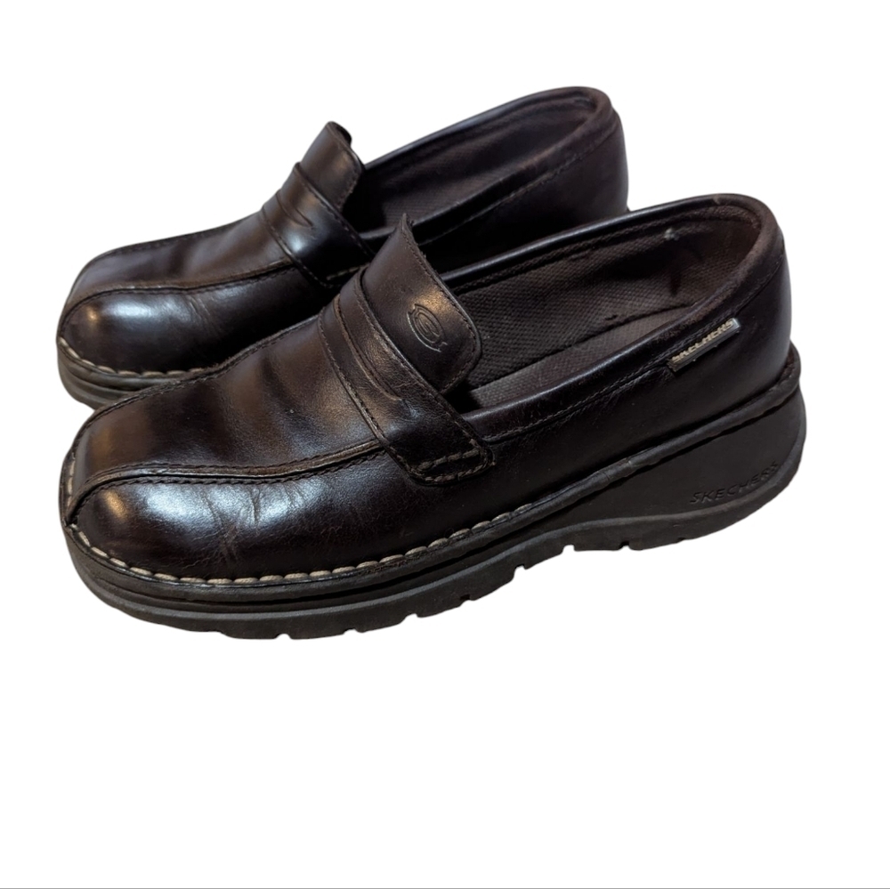 Vintage Y2K Skecher's Chunky Platform Loafers Shoe Brown Leather 90s Size 6.5